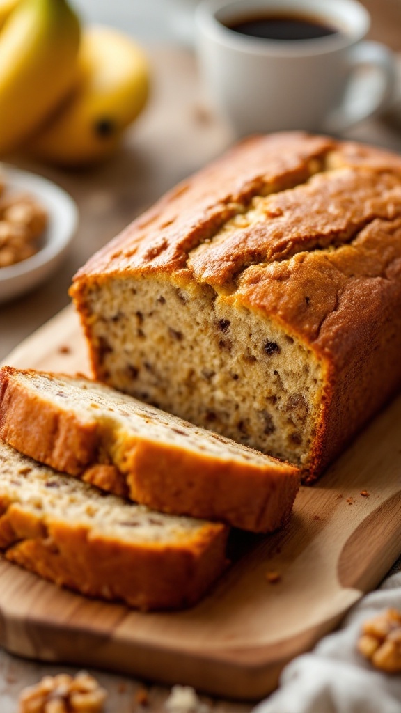 Moist and Delicious Banana Bread Recipe A golden-brown loaf of banana bread, sliced and showing its moist texture, with walnuts visible, on a wooden board with coffee and bananas in the background.
